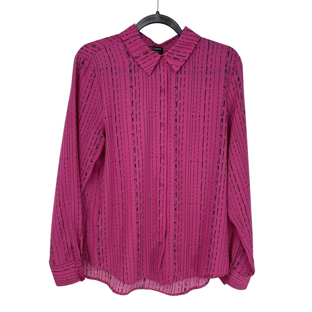 David Lerner Evereve Pink Black Print Blouse L Button Front Dopamine Workwear